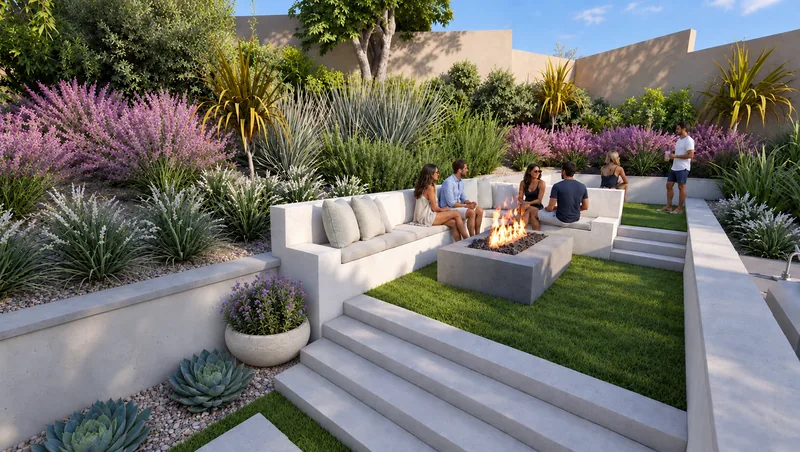 3D landscape rendering: Integrated seating, a fire feature, and planted terraces.