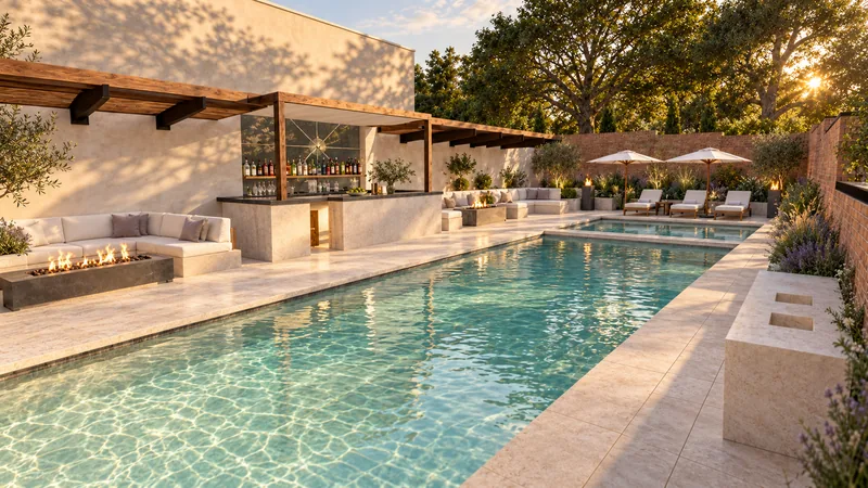 3D landscape rendering: A poolside setting with shade, seating, and outdoor amenities.