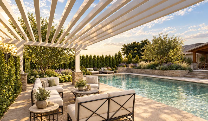 3D landscape rendering: A pergola and seating area overlooking the pool.